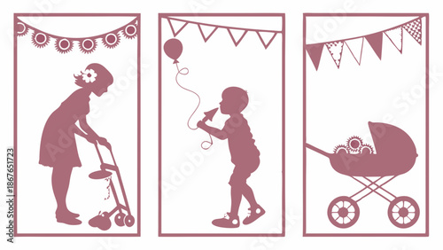 Mother with Baby Stroller Child Blowing Balloon Bunting Silhouettes for Nursery Web Design Celebration Invitation Cards