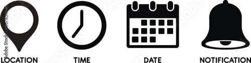 location, time, date, notification, vector, black, glyph, icons, map, pointer, clock, calendar, bell, events, schedule, message, place, mark, reminder, alarm, contact, information, event, ui, ux, symb