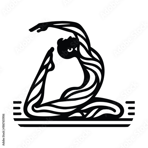 Black silhouette of a gymnast in a graceful pose on a striped platform gymnast silhouette yoga pose