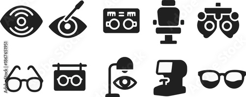 optometry, eye, vision, medical, ophthalmology, icon, equipment, examination, eyeglasses, optician, care, health, diagnosis, clinic, tool, doctor, phoropter, testing, optical, lens, checkup, symbol, v