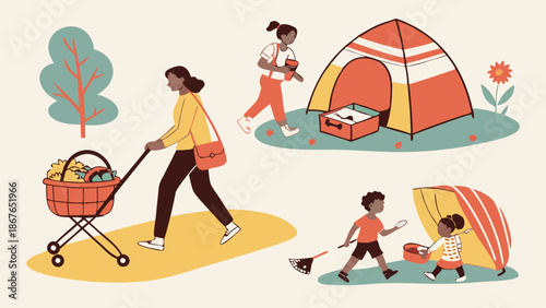 Family Camping Trip Activities Diverse People Shopping Outdoors Summer Recreation Lifestyle Illustration for Web Design