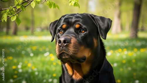 Rottweiler dog in green grass field.