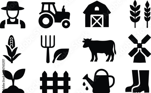 agriculture, line icons, farmer, tractor, barn, wheat, corn, fork, leaf, cow, watering can, boots, plant, linear, pictograms, agricultural, business, farming, gardening, harvesting, countryside, rural