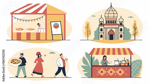 Vibrant Outdoor Food Market Stalls and People Walking Near Exotic Temple Illustration for Travel and Festival Promotion