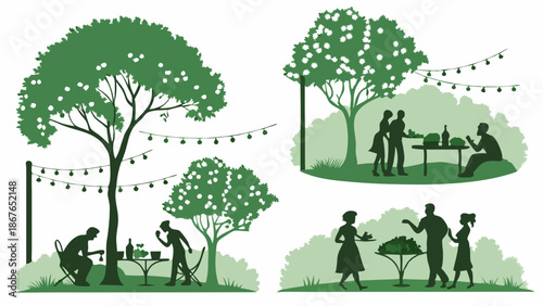 Summer Garden Party Silhouettes People Relaxing Outdoors Under String Lights for Event Promotion and Seasonal Design