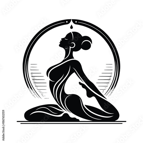 Black silhouette of a woman in a yoga pose within a circular frame black and white de