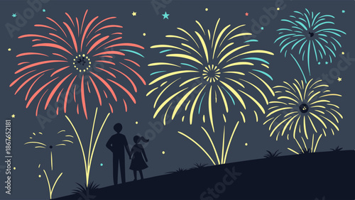 Silhouettes of Father and Child Watching Spectacular Fireworks Display on Summer Night Celebration