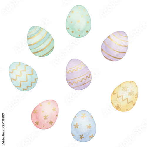 Watercolor Pastel Easter Eggs With Golden Patterns featuring painted colorful shells with gold ornament stripes and dots for spring holiday celebration or greeting card design.
