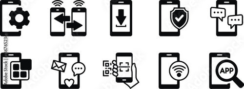 smartphone, glyph, solid, black, icon, feature, function, settings, transfer, download, security, message, app, search, wifi, qr, code, scanner, connection, wireless, mobile, phone, device, technology