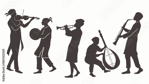 Silhouettes of Diverse Musicians Playing Violin Drums Trumpet Cello Saxophone for Cultural Festival or World Music Event Promotion