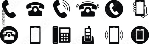 phone, telephone, communication, contact, black, solid, icon, mobile, smartphone, call, handset, service, support, dial, set, vector, sign, symbol, business, customer, office, landline, tech, device, 