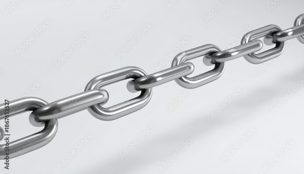 Fototapeta premium Close-up of polished steel chain links interlocked on neutral background, symbolizing strength and connection.