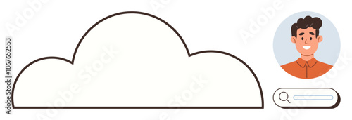 Cloud storage, digital identity, data search, user profile management, online connectivity, technology. Minimalistic cloud outline, user portrait and search bar. Cloud storage and digital identity