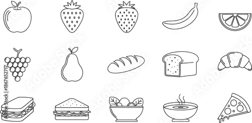 A diverse collection of black and white line art icons featuring various food items