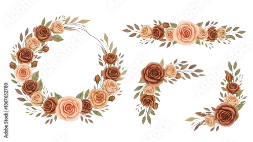 A beautiful floral arrangement of roses and leaves in a circular pattern on a white background