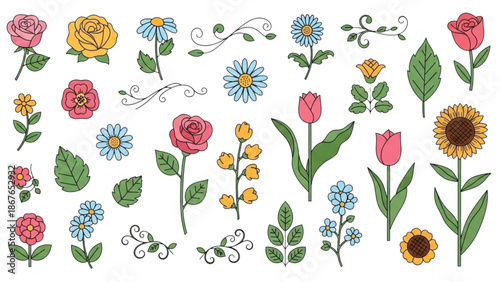 A vibrant collection of colorful flowers and foliage illustrations arranged in a visually appealing pattern on a clean white background from a direct viewpoint.