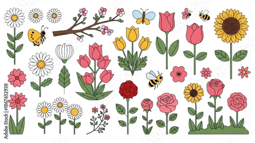 A vibrant collection of colorful flowers and bees in a lush garden environment viewed from above