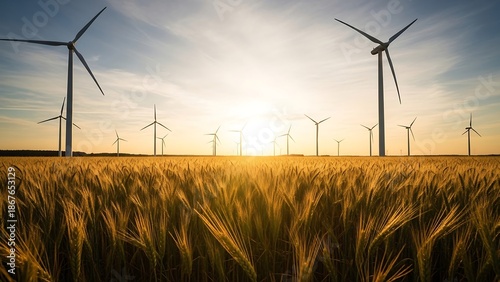 Wind turbines in a wheat field.