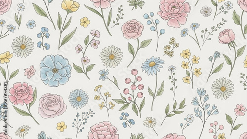 A serene floral pattern featuring pastel flowers and lush greenery on a soft white background from a bird's eye view