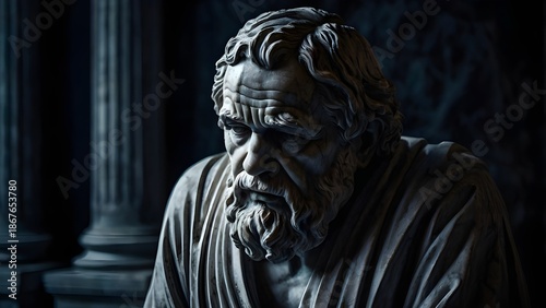 Moody classical marble sculpture of an old philosopher, emotional depth, shadows carved into stone, black and white statue