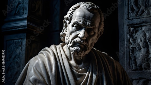Moody classical marble sculpture of an old philosopher, emotional depth, shadows carved into stone, black and white statue