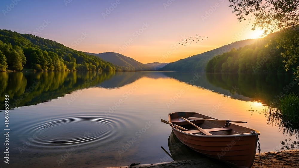 Obraz premium Serene lake at sunset with boat.