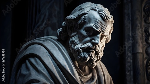 Moody classical marble sculpture of an old philosopher, emotional depth, shadows carved into stone, black and white statue