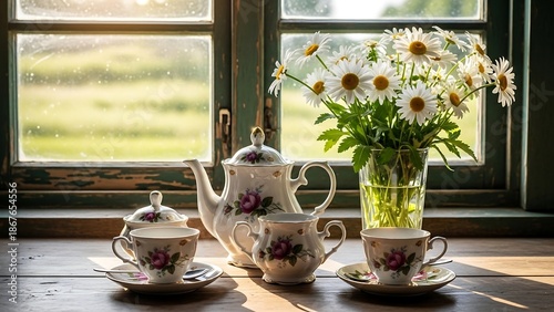 Tea set and flowers on table.