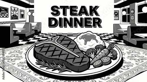 Monochrome vector illustration of a grilled steak paired with mashed potatoes and garnish, representing traditional American dinner cuisine