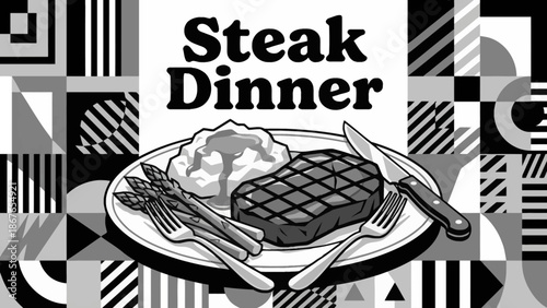 Monochrome vector illustration of a grilled steak paired with mashed potatoes and garnish, representing traditional American dinner cuisine