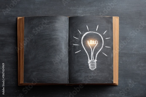 Enlightened pages: An open book, its chalkboard-like pages bearing a glowing lightbulb illustration, symbolizes ideas and knowledge, illuminating the path to innovation.