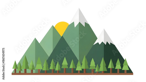 Stunning mountain landscape with green trees and sunrise