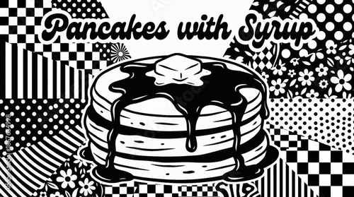stacked American pancakes topped with butter and syrup, perfect for breakfast menus and café branding Black and white vector illustration vintage retro style