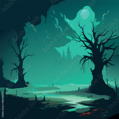 A mysterious moonlit forest with glowing teal fog, twisted barren trees, and a quiet swamp reflecting soft light, atmospheric fantasy illustration