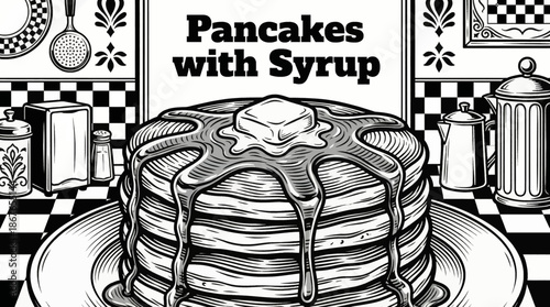 stacked American pancakes topped with butter and syrup, perfect for breakfast menus and café branding Black and white vector illustration vintage retro style
