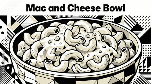 Black and white vector illustration of creamy macaroni and cheese in a bowl, showcasing classic American comfort food in minimal line style