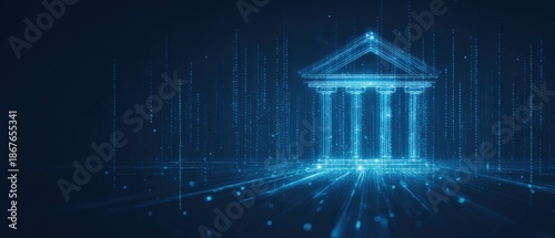 Digital bank concept: Abstract illustration of a digital bank building, the image uses bright lines and dots to represent data flow, symbolizing the technological advancement in financial industry.