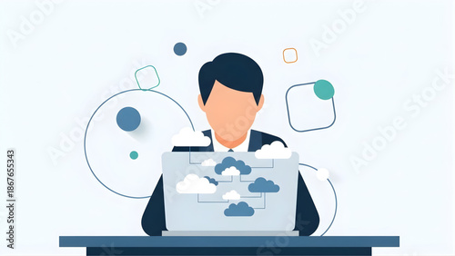 Businessman working on laptop with cloud computing concept