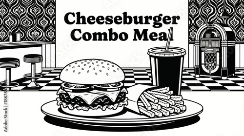 Monochrome vector illustration of a cheeseburger combo including fries and soda cup, representing iconic American fast food culture