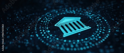 Financial Digitalization: A luminous icon of a government building stands at the heart of an intricate digital network.