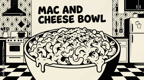 creamy macaroni and cheese in a bowl, showcasing classic American comfort food in minimal line style