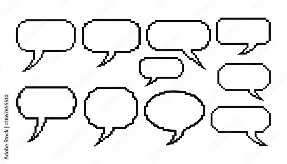 Obraz premium Collection of pixel art speech bubbles in various shapes on transparent background