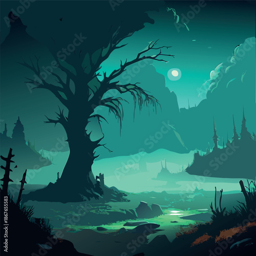 A mysterious moonlit forest with glowing teal fog, twisted barren trees, and a quiet swamp reflecting soft light, atmospheric fantasy illustration