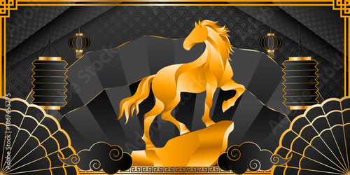 Luxury Chinese New Year 2026 design with golden horses, lanterns, clouds, and elegant black patterns symbolizing prosperity and celebration