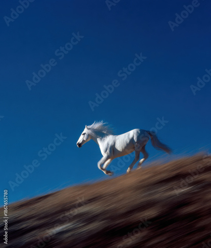 White horse running on a hill with motion blur