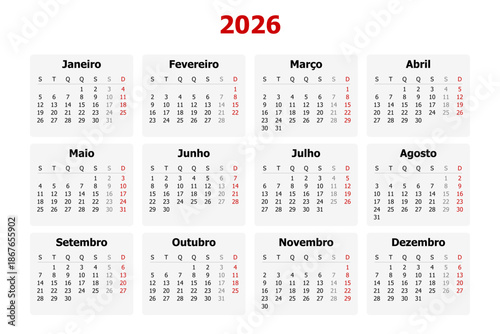 Vector illustration of modern Portuguese calendar for year 2026 in Portugal