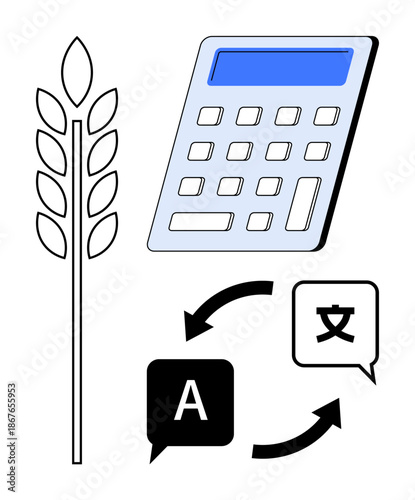 Agriculture, finance, communication, language services, technology, global trade. Digital calculator, wheat stem and language exchange icons with arrows. Agriculture and finance concept