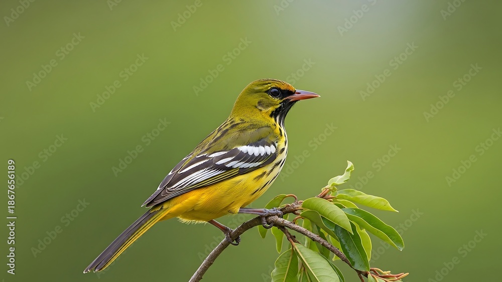 Obraz premium Yellow bird perched on branch outdoors.