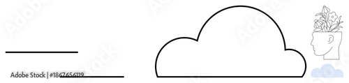 Cloud and linear elements connect to a human head sprouting flowers, symbolizing imagination, growth, and inspiration. Ideal for creativity, innovation, mindfulness, mental health, technology growth