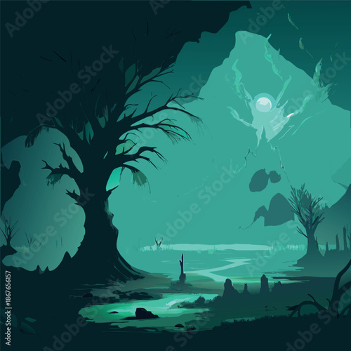 A mysterious moonlit forest with glowing teal fog, twisted barren trees, and a quiet swamp reflecting soft light, atmospheric fantasy illustration
